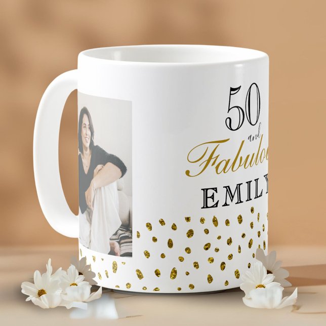 Taza De Café 50 and Fabulous Gold Glitter Photo 50th Birthday (Subido por el creador)