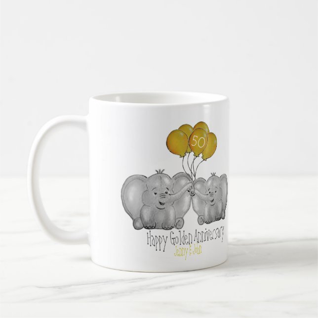 Taza De Café 50° Aniversario del Boda Dorado lindo elefante (Izquierda)