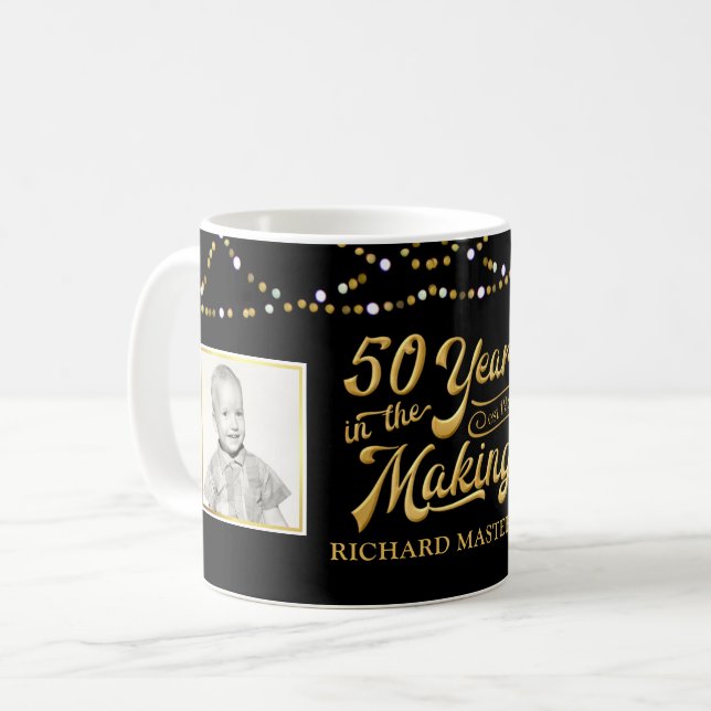 Taza De Café 50 cumpleaños entonces y ahora fotos oro negro (Anverso izquierdo)