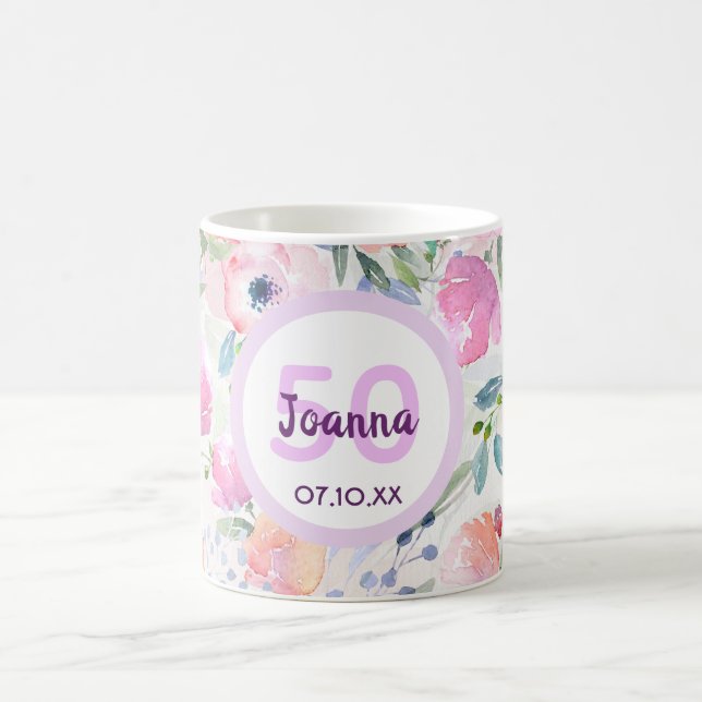Taza De Café 50 cumpleaños moda boho flores rosadas acuáticas (Centro)