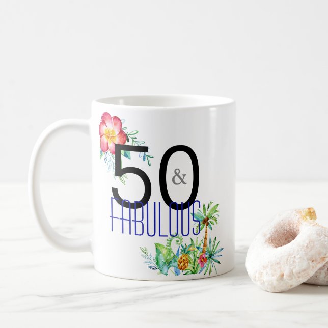 Taza De Café 50 y 50.o cumpleaños tropical fabuloso (Con donut)