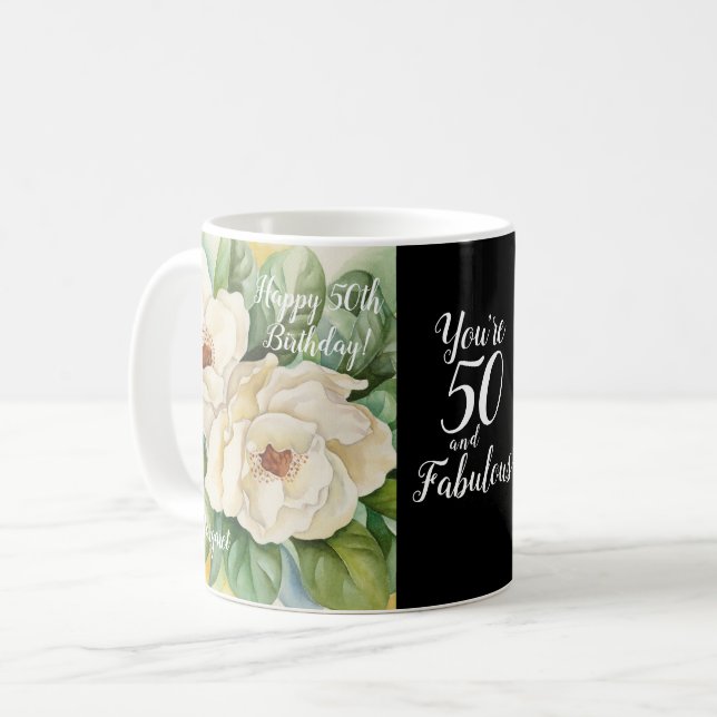 Taza De Café 50 Y Fabuloso 50 Nacimiento Negro Floral (Anverso izquierdo)