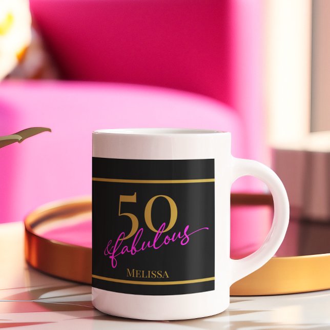 Taza De Café 50 y Fabuloso Black Gold Pink (Chic 50 and Fabulous coffee mug for 50th birthday gold and pink typography on black background)