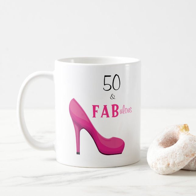 Taza De Café 50 y fabuloso cumpleaños 50 rosado y negro (Con donut)
