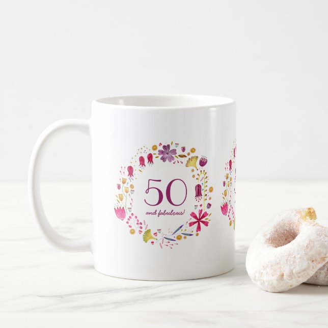 Taza De Café 50 y fabuloso cumpleaños floral acuarela (Con donut)