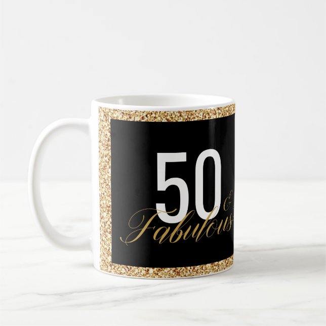 Taza De Café 50 y fabuloso cumpleaños Purpurina Faux (Izquierda)