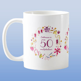 Taza De Café 50 y fabuloso nombre floral acuarela cumpleaños