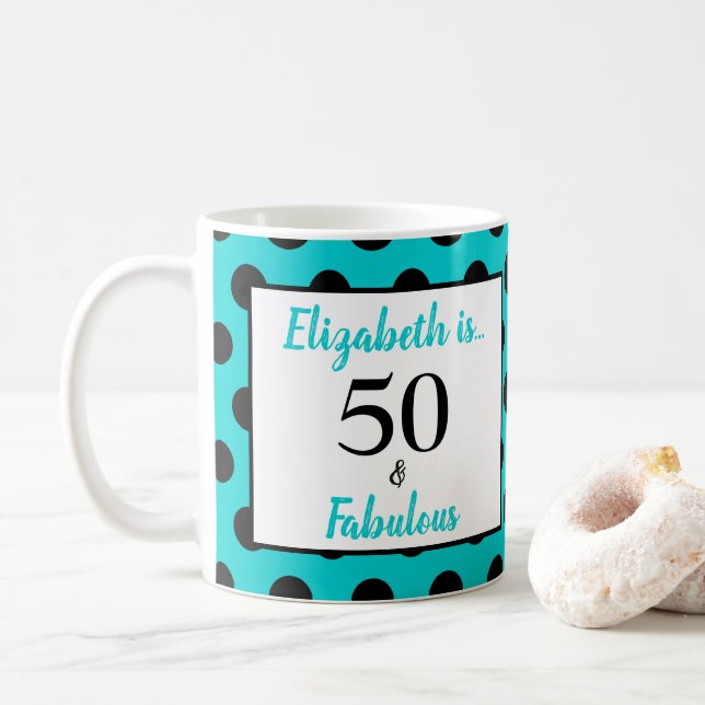 Taza De Café 50 y fabuloso punto azul turquesa de polka negro (Con donut)