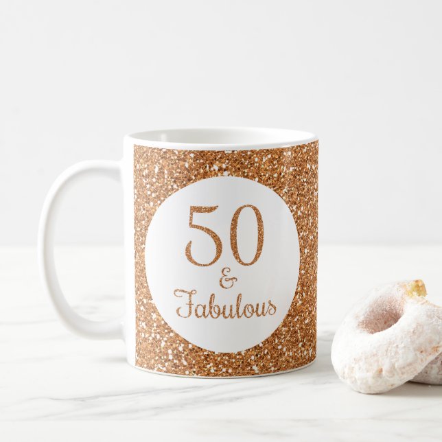 Taza De Café 50 y fabuloso Purpurina de oro de cumpleaños (Con donut)