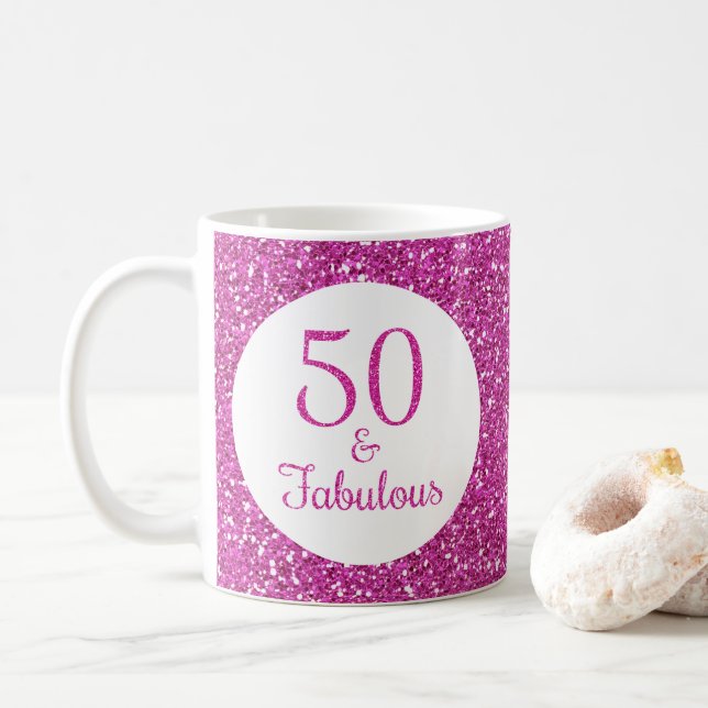 Taza De Café 50 y fabuloso Purpurina Rosa de Cumpleaños (Con donut)