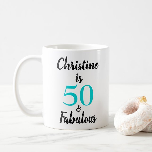 Taza De Café 50 y magnífico cumpleaños Turquesa blanco negro (Con donut)