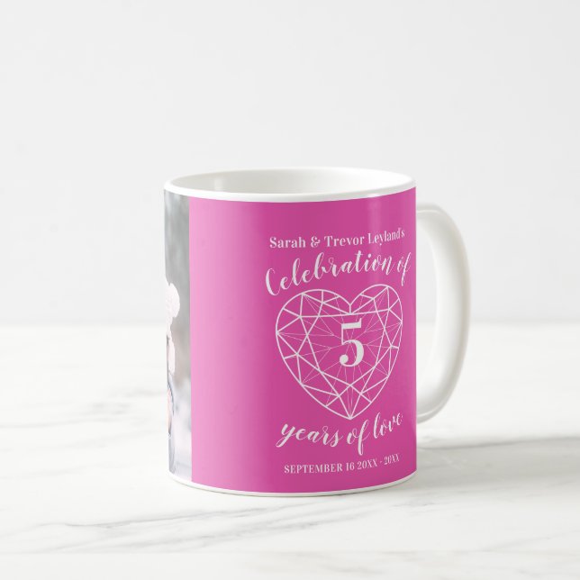 Taza De Café 5.º aniversario foto de personalizado de corazón d (Anverso derecho)