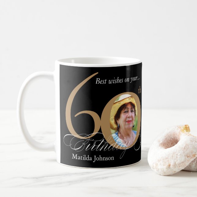 Taza De Café 60.º Personalizado de cumpleaños fotografía tipogr (Con donut)
