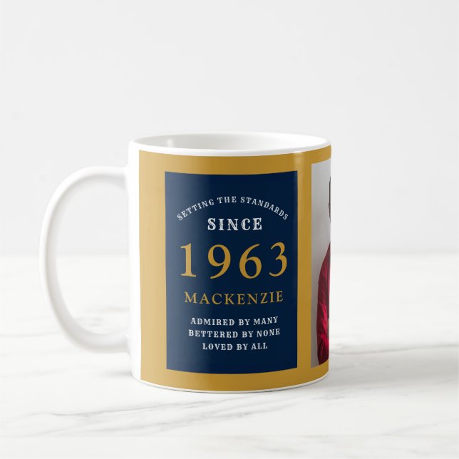 Taza De Café 60 cumpleaños 1963 Oro Azul Añadir nombre foto (Izquierda)