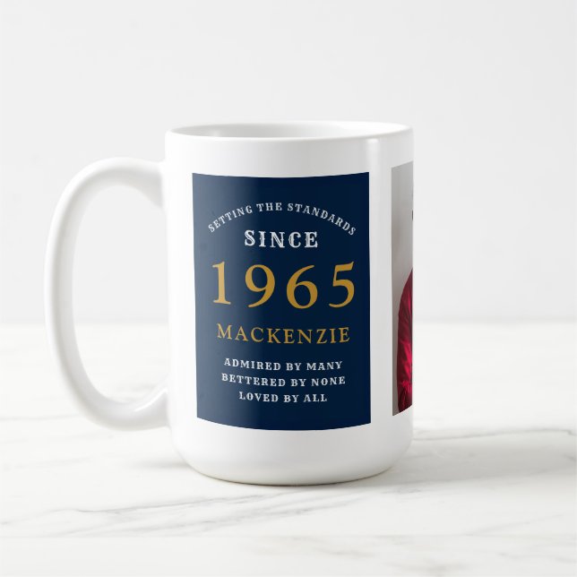 Taza De Café 60 cumpleaños 1965 Oro azul Añadir nombre foto gra (Izquierda)