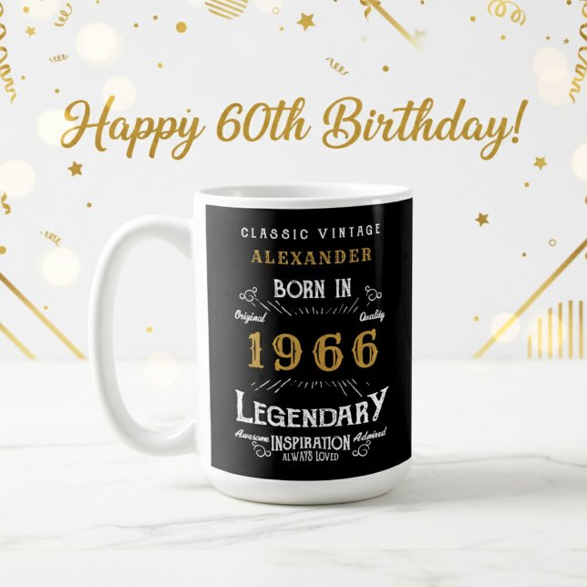 Taza De Café 60 cumpleaños 1966 Legendario Retro (1966 coffee mug on a white and gold background.)