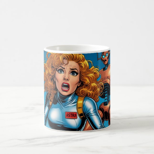 Taza De Café 60s Scifi Woman running from Alien Robot (Centro)