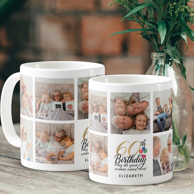 Taza De Café 60th Birthday Photo Collage Script Typography Gold (Subido por el creador)