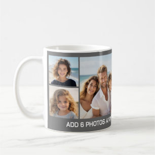 Taza De Café 6 Colage de Fotos - Fondo Gris con Texto Blanco