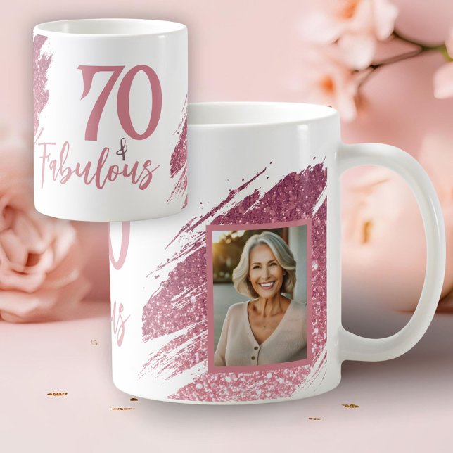 Taza De Café 70 & Fabulous Pink Glitter 2 Photo 70th Birthday (Subido por el creador)