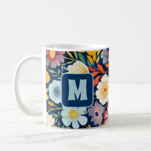 Taza De Café 70s 60s Floral Monograma Retro Azul y Naranja 