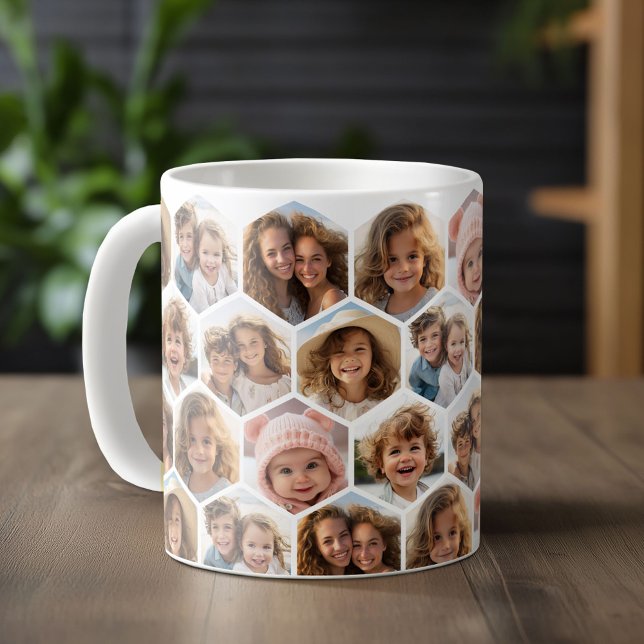 Taza De Café 7 Collage de fotos - patrón hexágono funky (Personalized mug template with a funky 7 photo collage in a honeycomb pattern)
