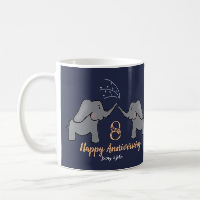 Taza De Café 8º aniversario boda de bronce, marina elefante (Izquierda)