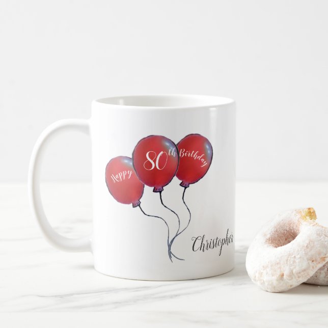 Taza De Café 80.º regalo de globo rojo de cumpleaños (Con donut)