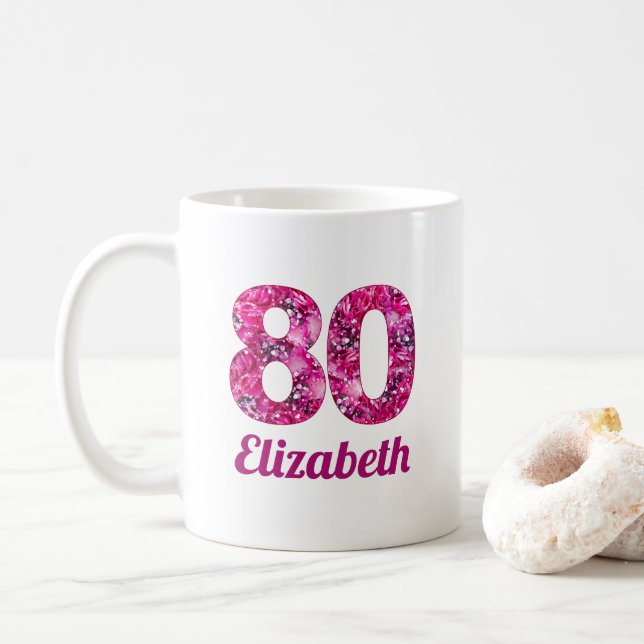 Taza De Café 80 años regalo flores rosadas personalizado de 80  (Con donut)