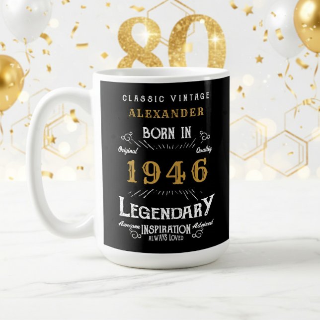 Taza De Café 80th Birthday 1946 Legendary Retro (1946 coffee mug with white and gold background.)