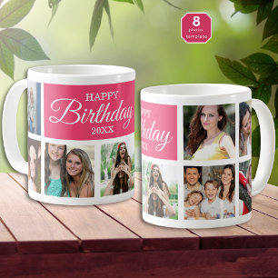 Taza De Café 8 Aniversario Feliz de Collage de fotos Rosa