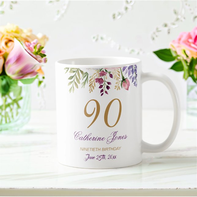 Taza De Café 90.º Alumnos de Oro Floral de Cumpleaños (Subido por el creador)