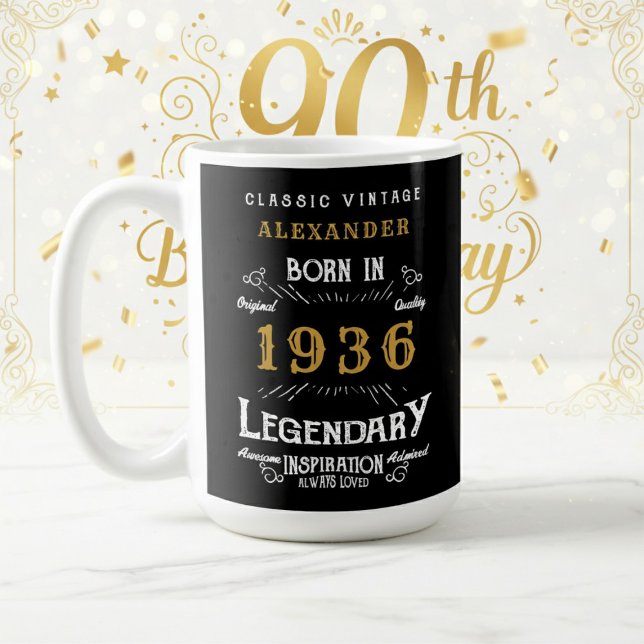 Taza De Café 90 cumpleaños 1936 Legendario Retro (1936 coffee mug on a white and gold background.)