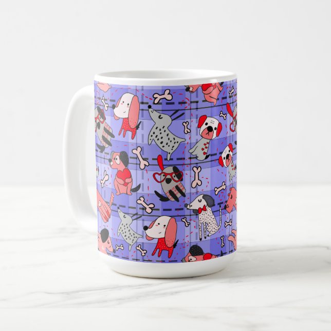Taza de café a cuadros índigo - Estampado de perro (Anverso izquierdo)