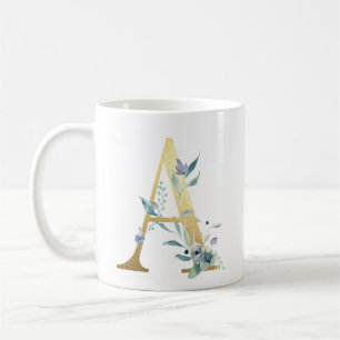 Taza De Café A, dorado inicial con follaje floral azul