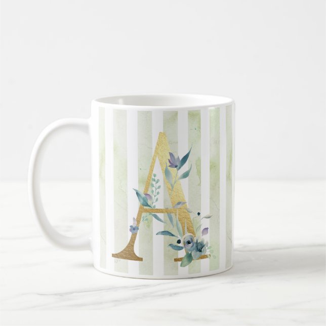 Taza De Café A, inicial de oro sobre rayas azules y blancas (Izquierda)