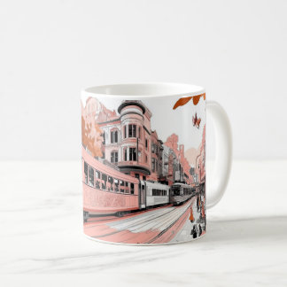 Taza De Café A tram in a retro illustration style, reminiscent