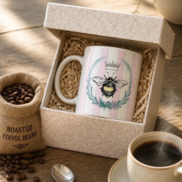 Taza De Café Abeja Corona en Corona | Rayado Rosa y Blanco |