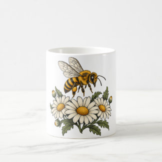 Taza De Café Abeja melífera con margaritas y hojas botánicas