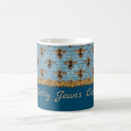 Taza De Café Abejas antiguas en damasco azul con escritura a ma