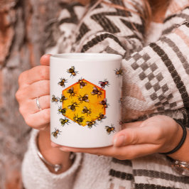 Taza De Café Abejas con arte de dibujo de hexágono amarillo nar
