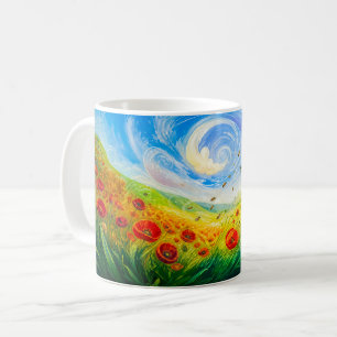 Taza De Café Abejas flotando sobre un campo de amapolas ventoso