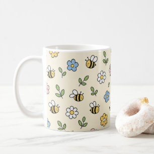 Taza De Café Abejorro de dibujos animados y patrón de flores