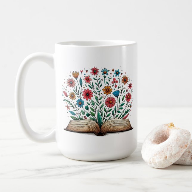 Taza De Café Abrir Flor de libro grande clásico (Con donut)