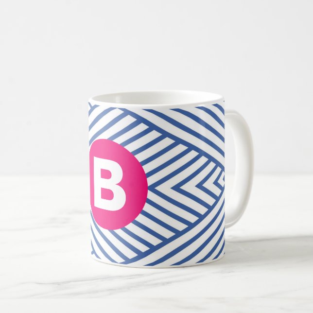 Taza De Café Abstract Blue Stripey Pattern Pink Monogram (Anverso derecho)