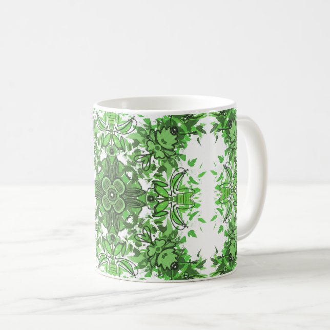 Taza De Café Abstract Floral Pattern In Black Green On White (Anverso derecho)