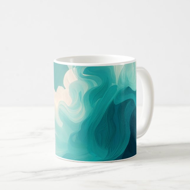 Taza De Café Abstract Teal and White Flowing Waves (Anverso derecho)