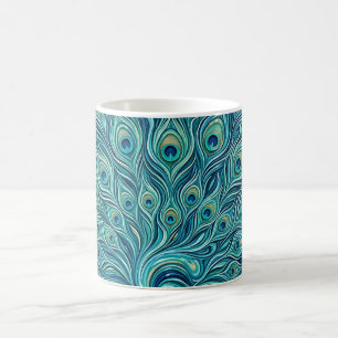 Taza de café abstracta con abanico de pavo real az