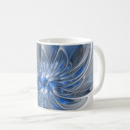 Taza De Café Abstracto Flor de arte fractal de color gris azul
