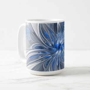 Taza De Café Abstracto Flor de arte fractal de color gris azul